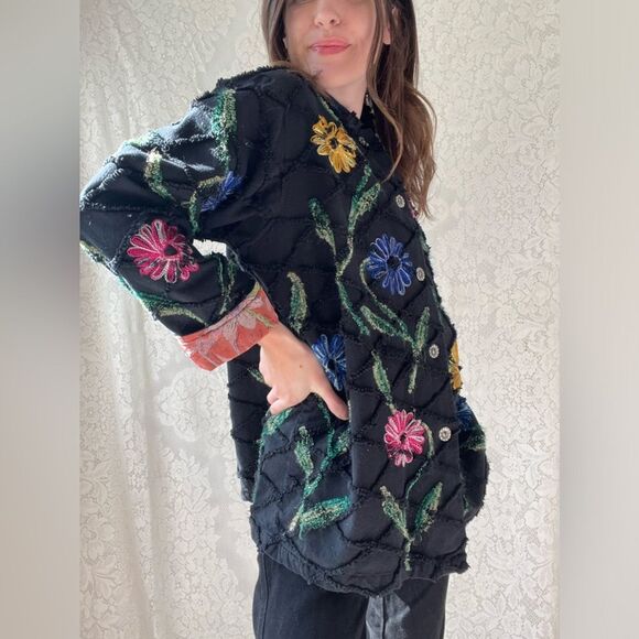Vintage 90s Roaman’s 100% Cotton Black Floral Embroidered Button Front Jacket - Picture 3 of 12